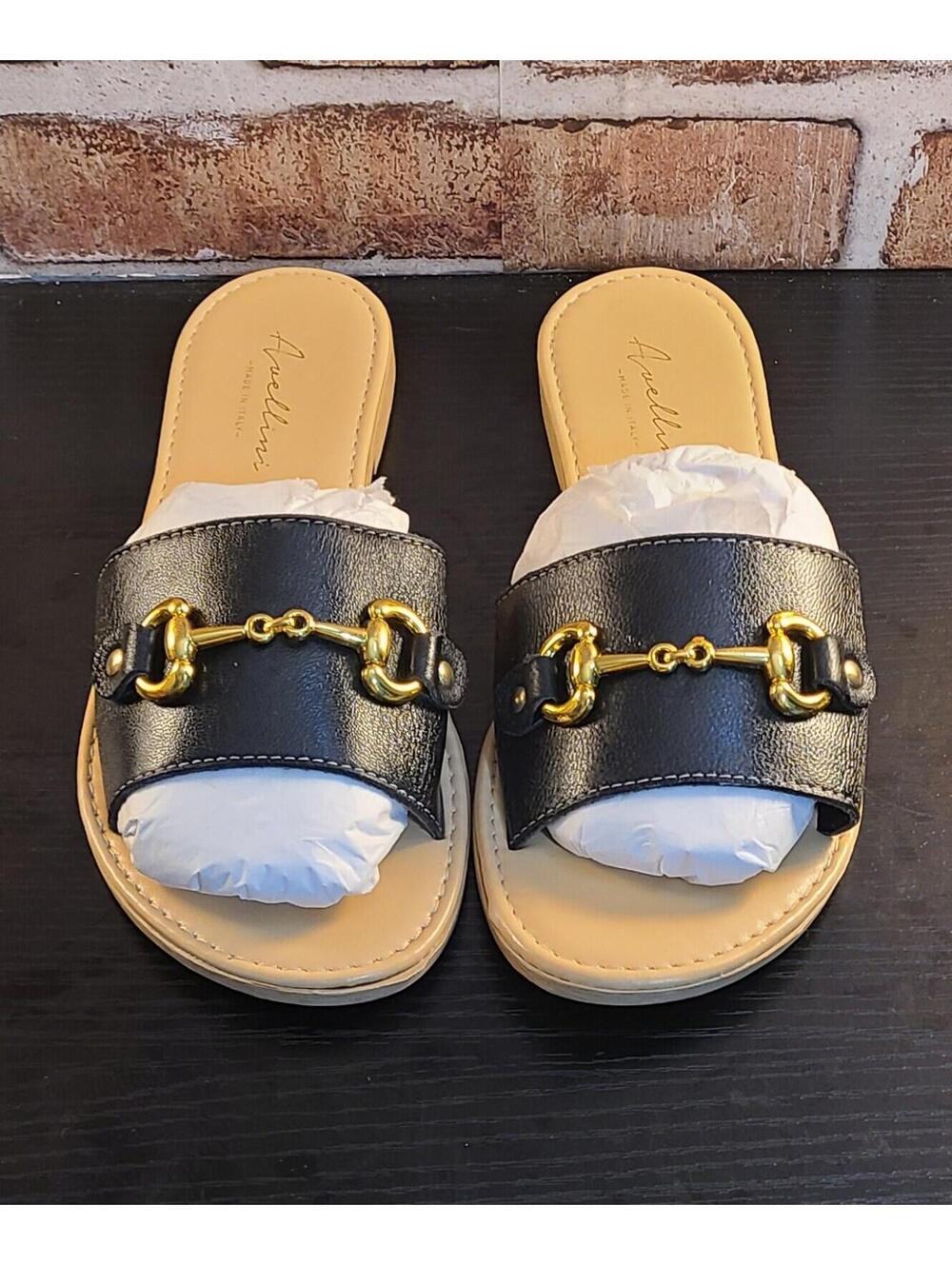 Avellini Made In Italy Horsebit Slide Sandals Womens Sz 7.5 Blue Strap Nude Flat